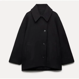 Detail of single-breasted wool jacket showing lapels and buttons on a black coat