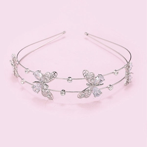Detailed close-up of double-layered silver headband with hollow zircon butterflies