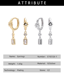 Detailed spec sheet showing 925 silver star earrings with CZ stone and plating details