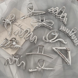 Elegant Silver Metal Hair Claw Clip Alloy Shark Hair Catch Barrette Non Slip Geometric Bowknot Rose Flower For Women