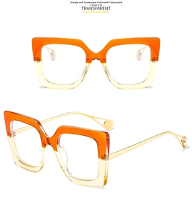 Detailed view of square orange and champagne gradient frames with gold metal temples