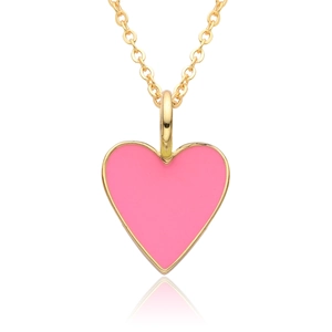 Pink heart pendant necklace with 14K gold plated chain over a reflective white surface