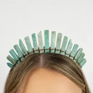 Luxurious bohemian bridal crown with light green raw crystal stones and wire wrapping