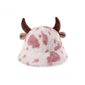 Cappello da pescatore in peluche rosa e bianco con motivo a mucca e corna per l'inverno