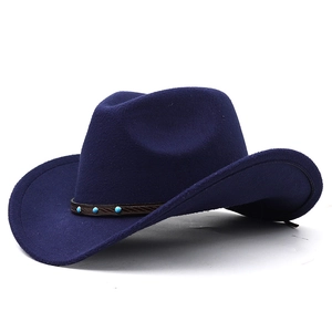 Navy blue wool felt cowboy hat featuring a leather band with turquoise stone accents