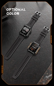 Dual C20PRO rugged smartwatches in black and orange colors on metallic background