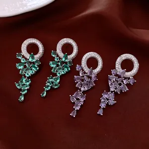 Silver needle circle tassel earrings with green and purple zircon in luxury palace style