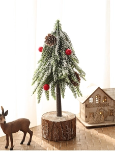 Detail of 24cm mini snowy Christmas tree with pine cones on natural wood base