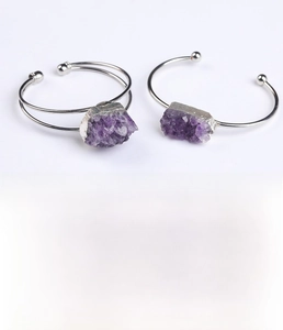 Detailed specs showing single and double row natural amethyst cluster bangles in silver