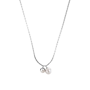 Minimalist S925 silver necklace with two pendants: a white freshwater pearl and a round ball