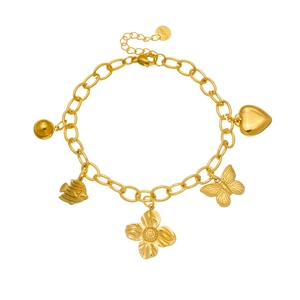 Bracelet à maillons en acier doré avec breloques papillon, cœur et fleurs