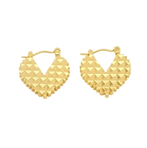 Detailed view of heart-shaped earrings with 18K gold-plated geometric pyramid texture