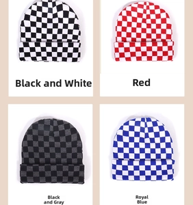 Detailed grid showing four color variants of checkerboard knit beanies in a collage