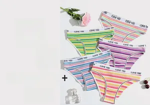 Detail of colorful rainbow striped cotton panties with branded elastic waistband and seamless finish