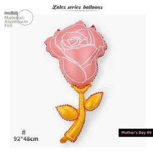 Detailed view of rose-shaped foil balloon with pink petals and gold stem, 92x48cm