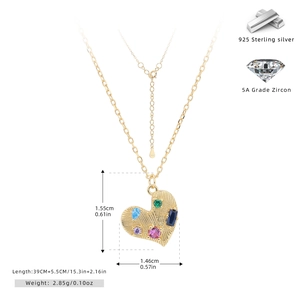 Detailed size chart of S925 sterling silver heart pendant with dimensions and specifications