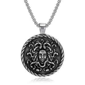 Vintage silver Medusa coin pendant necklace in polished stainless steel for men
