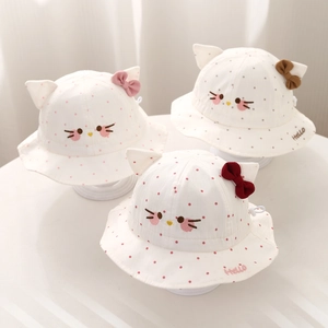 Baby Bucket Hat Cotton Polka Dot Cat Ear Bow Sun Protection Sweet Infant Toddler Fisherman Cap With Adjustable Rope