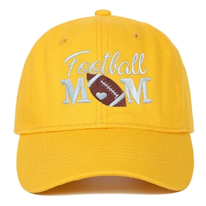 Detail of Football MOM embroidery on yellow washed cotton canvas baseball cap