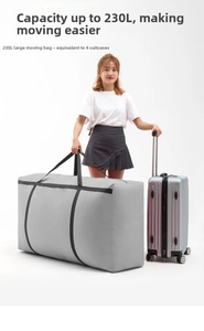 Extra large 230L grey Oxford moving bag compared to four standard suitcases for scale