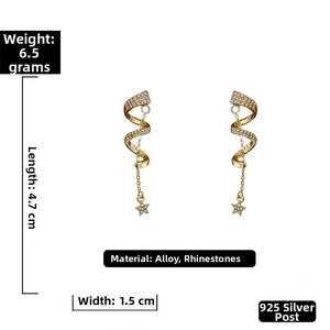 Détails des boucles d'oreilles spirale avec aiguille en argent 925 et étoiles cristal