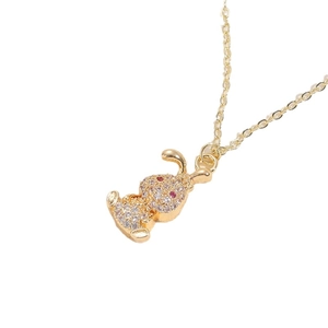 14K gold plated rabbit necklace with white zircon pavé and pink stone eyes