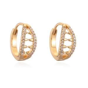 Hollow design 18K gold plated hoop earrings with zircon stones on white background