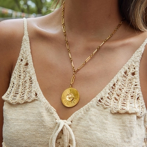 Elegant 18K gold plated stainless steel camellia medallion necklace on paperclip chain