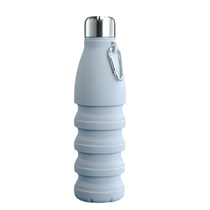 Collapsible light blue silicone sports water bottle with metal carabiner and screw cap