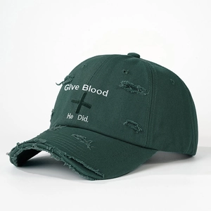 Casquette de baseball vert foncé délavée avec broderie Give Blood He Did et croix
