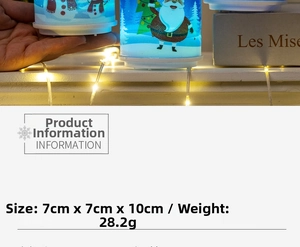 Detailed view of LED Christmas candle with Santa print and 7x7x10cm size specs