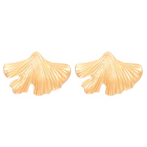 Detailed close-up of golden ginkgo leaf stud earrings with high-shine metallic texture