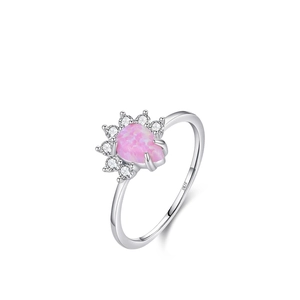 S925 sterling silver ring with teardrop pink opal and sparkling zircon accents