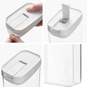 Airtight kitchen storage jar with transparent body and white easy-open flip lid for dry food