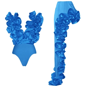 Detail of electric blue tiered ruffles and deep V-neckline on glossy satin swimwear