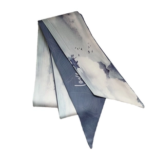 French vintage blue and beige silk scarf with ink painting landscape and birds