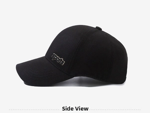 Side profile of a stylish black baseball cap featuring decorative sports embroidery