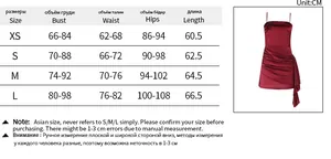 Detailed size chart for the mini satin dress with bust, waist, and hips measurements