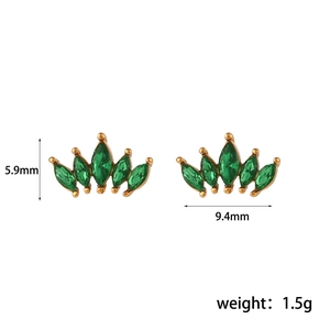 Detailed view of gold crown stud earrings with green zircon and size measurements