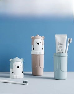 Étui à brosse à dents de voyage ours mignon avec gobelets bicolores et rangement interne