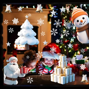 Detailed view of 3D Christmas window stickers featuring snowman and Santa Claus motifs