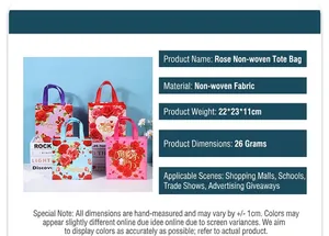 Detail of rose pattern non-woven tote bags in four colors with handle dimensions