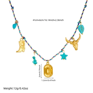 Detail of woven rope necklace with turquoise and golden cowboy pendants on white background