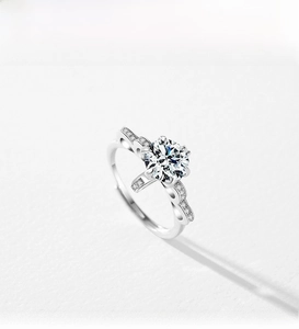 Macro detail of silver crown ring featuring a large round zircon with hollow band design
