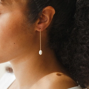 Boucles D'oreilles Pendantes Künstliche Perles D'eau Douce Baroque Acier Inoxydable Chaîne Longue Plaquées Or Bijoux Élégants