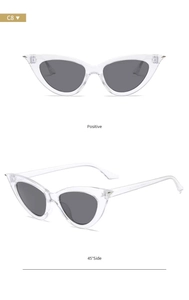 Front and 45-degree side views of cat eye sunglasses with transparent frames and dark lenses