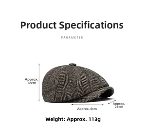 Detailed dimensions of a retro herringbone tweed newsboy cap with material weight data