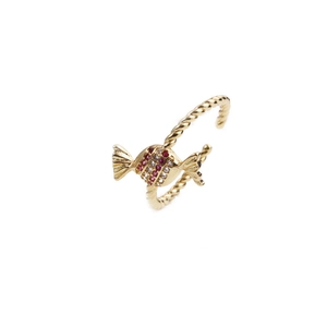 Golden candy-shaped adjustable ring with red and white zircon stones and rope band
