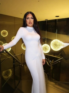 Elegant white long sleeve bodycon dress with twist front detail and mesh skirt for women