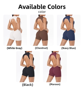 Detail view of backless ruched yoga romper in white grey, chestnut, navy, black and wine red